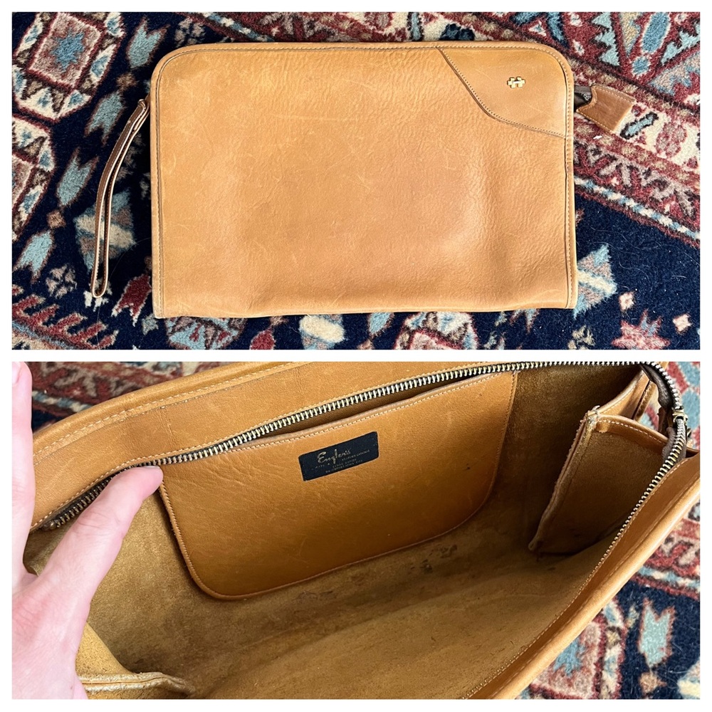 Vintage brown leather Large Clutch Handbag Purse wristlet metal zipper envelope